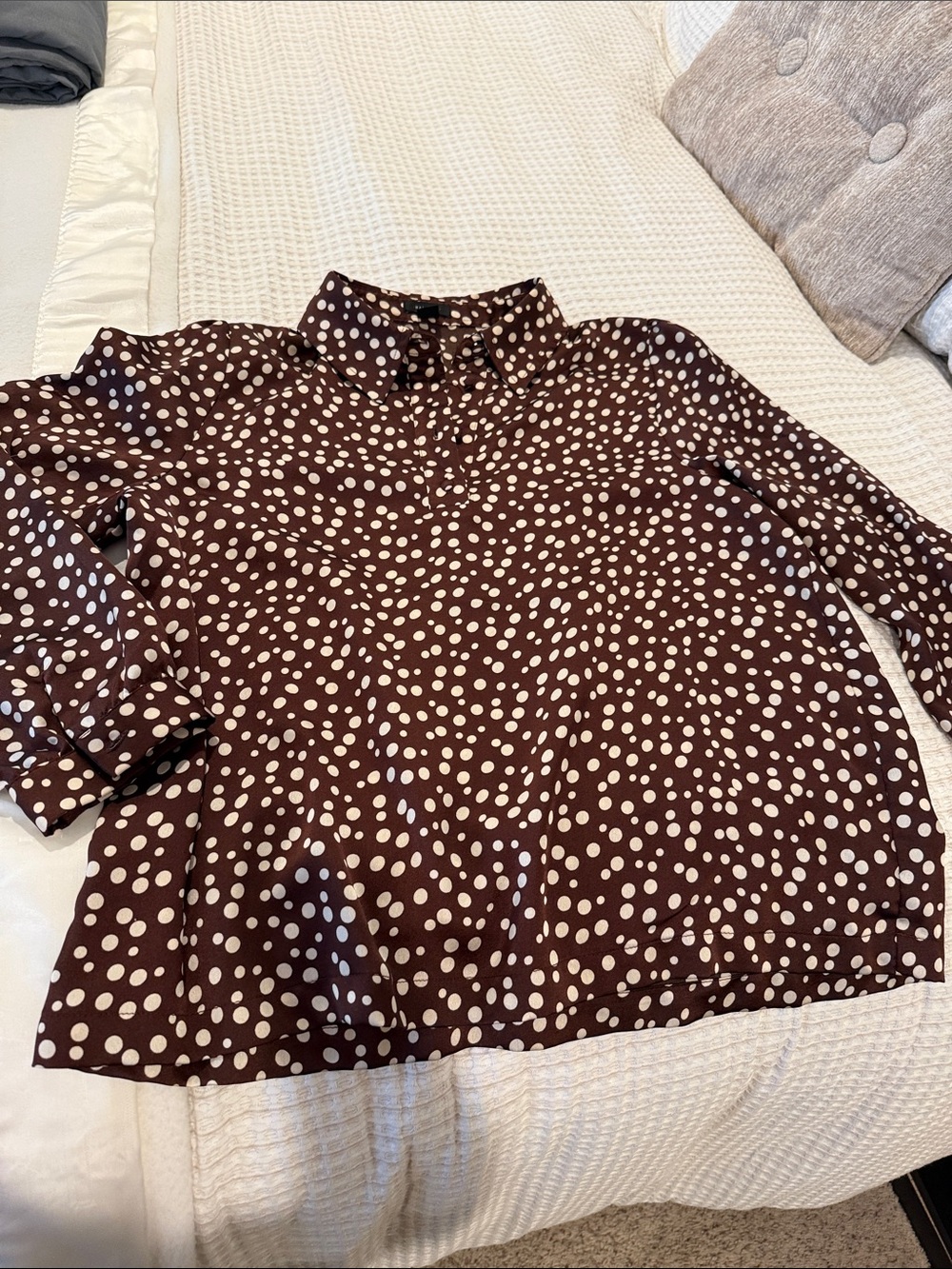 Halogen Brown and White Polka Dot Button-Down Blouse. Sz L
